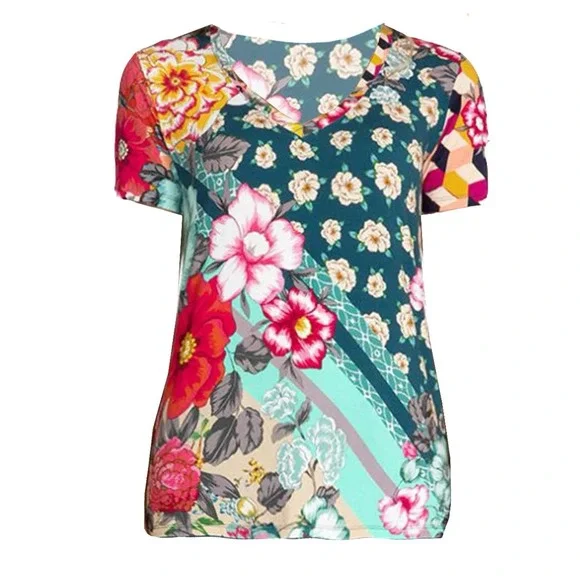 JOHNNY WAS Nellie Favorite S/S Multicolor Floral V-Neck Swing Tee Size L - Picture 3 of 13